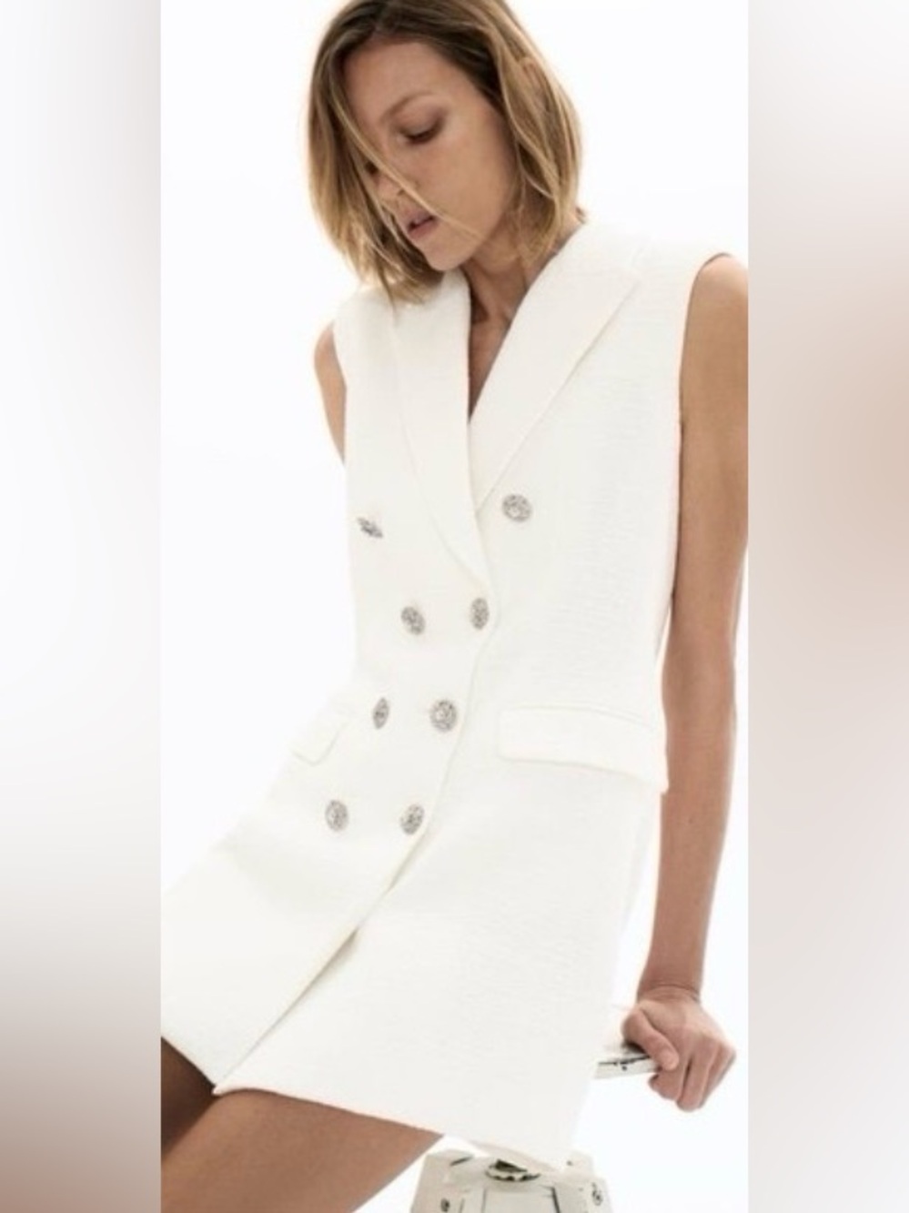 ZARA NWT Ivory Tweed Double Breasted Blazer Vest Dress S $129